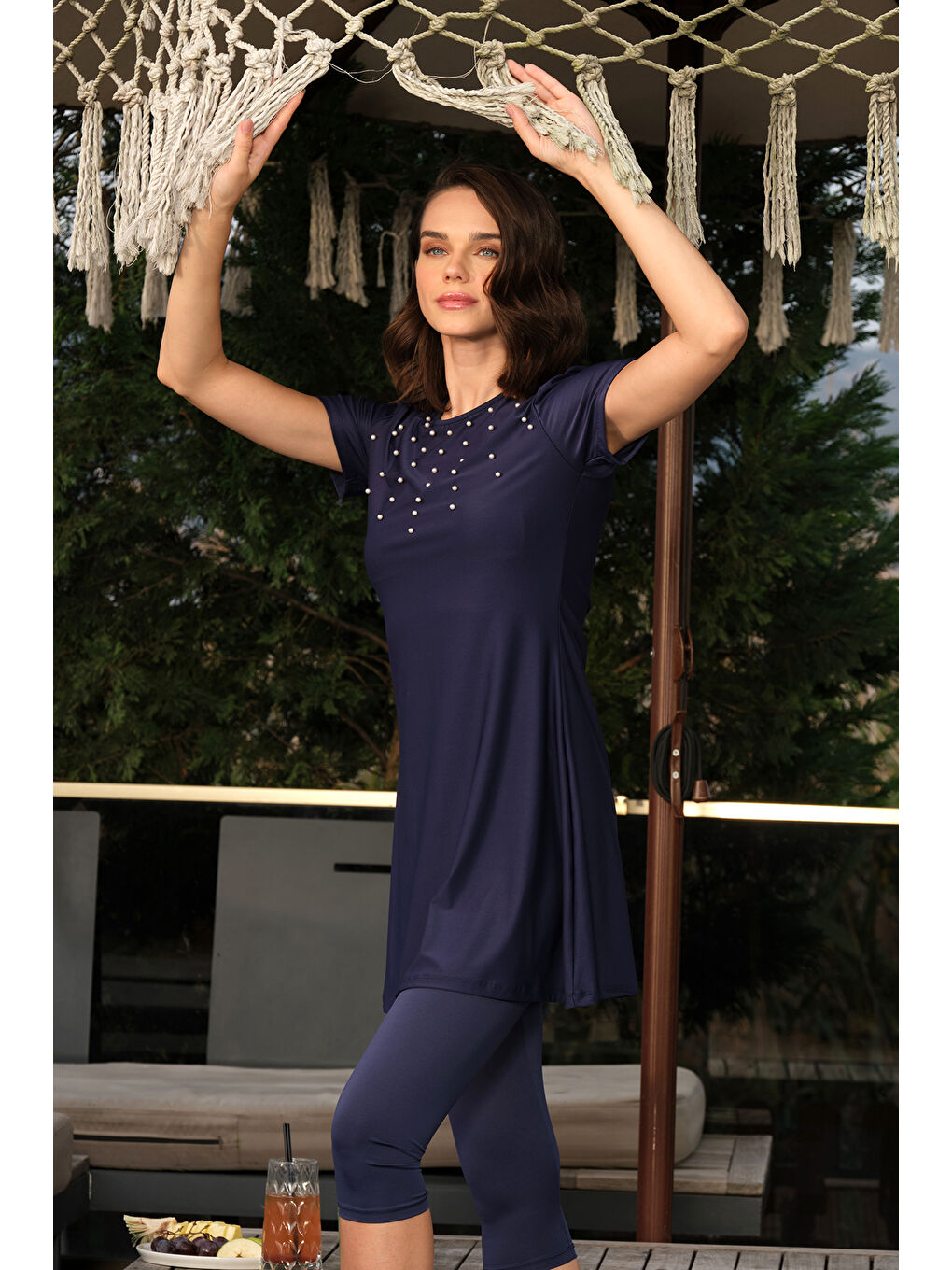 Kısa Kollu Taytlı Elastanlı Boncuk Detay Yarı Kapalı Mayo 24198 Lacivert-4