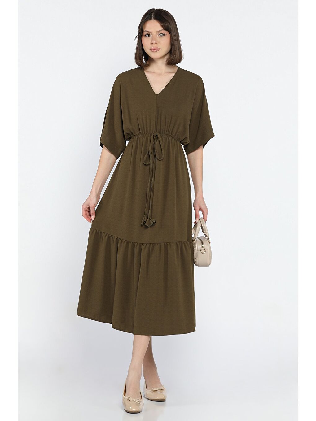 Haki Bel Bağlamalı V Yaka Kadın Elbise-1