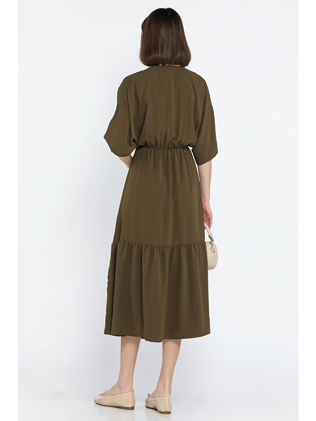 Haki Bel Bağlamalı V Yaka Kadın Elbise-2