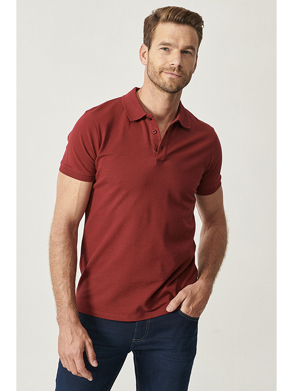 Erkek Bordo Slim Fit Dar Kesim Polo Yaka %100 Pamuk Kısa Kollu Tişört-1