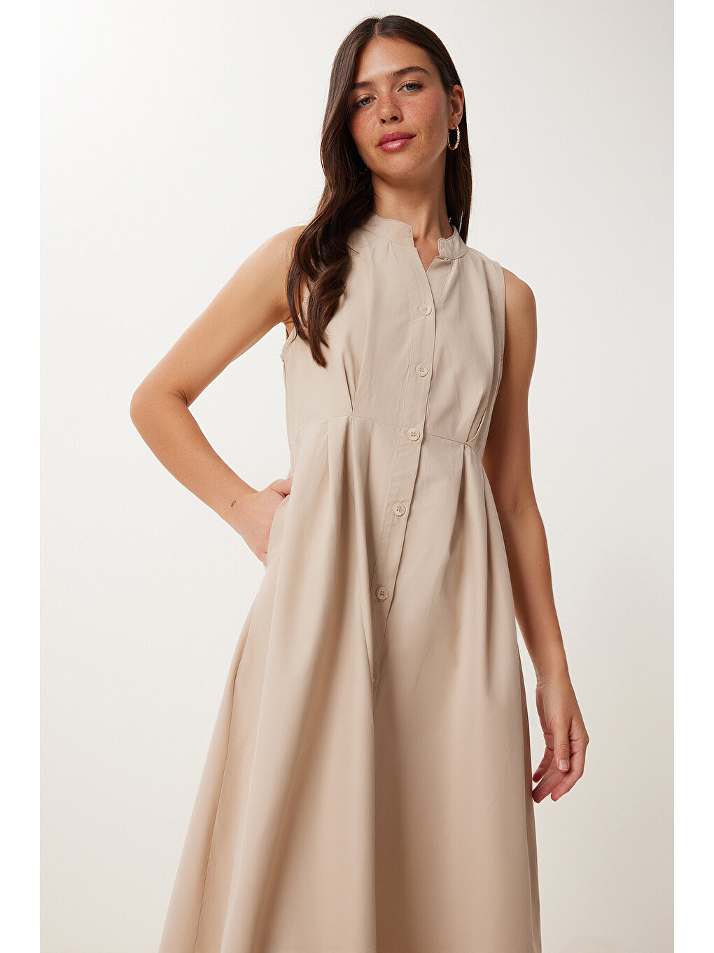 Ekru Kolsuz Midi Poplin Gömlek Elbise Krem Lmx0093-2