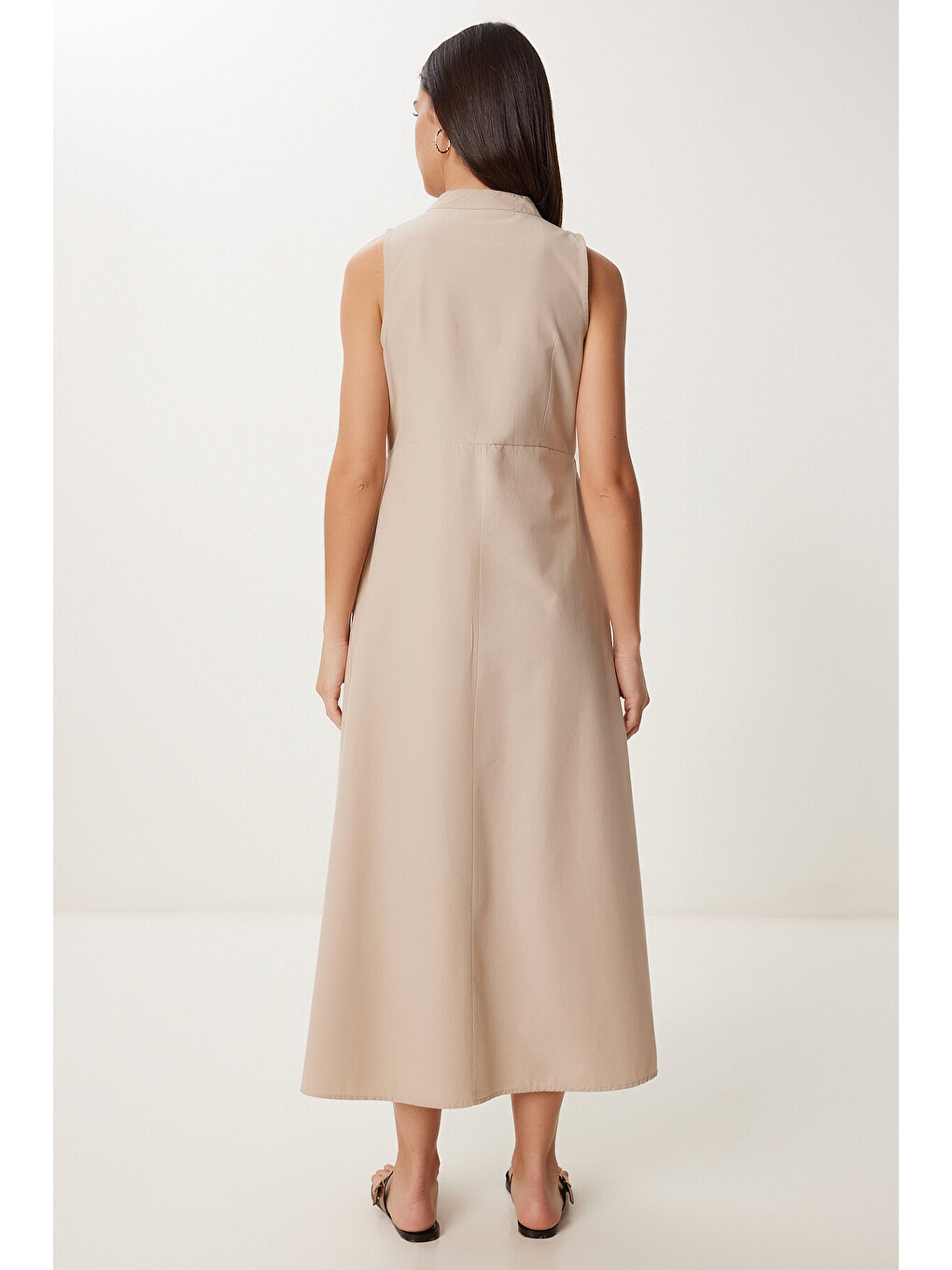 Ekru Kolsuz Midi Poplin Gömlek Elbise Krem Lmx0093-3
