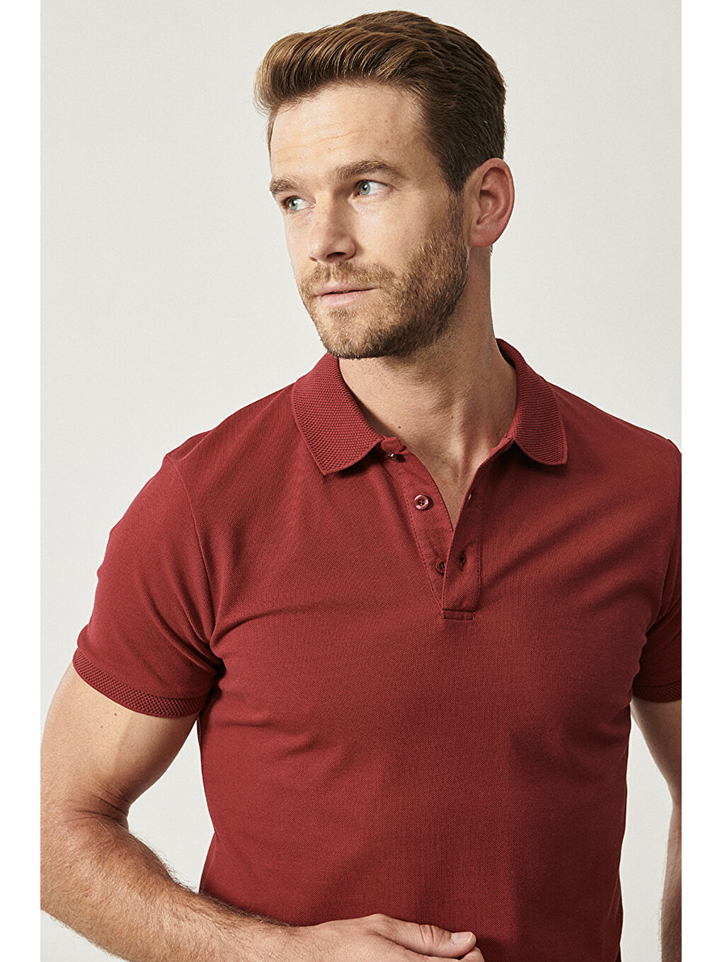Erkek Bordo Slim Fit Dar Kesim Polo Yaka %100 Pamuk Kısa Kollu Tişört-2