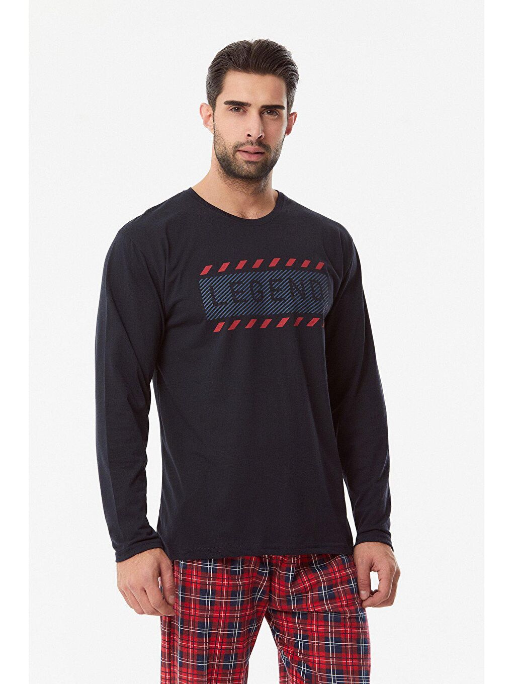 Lacivert Baskılı Bisiklet Yaka Pijama Takımı-1