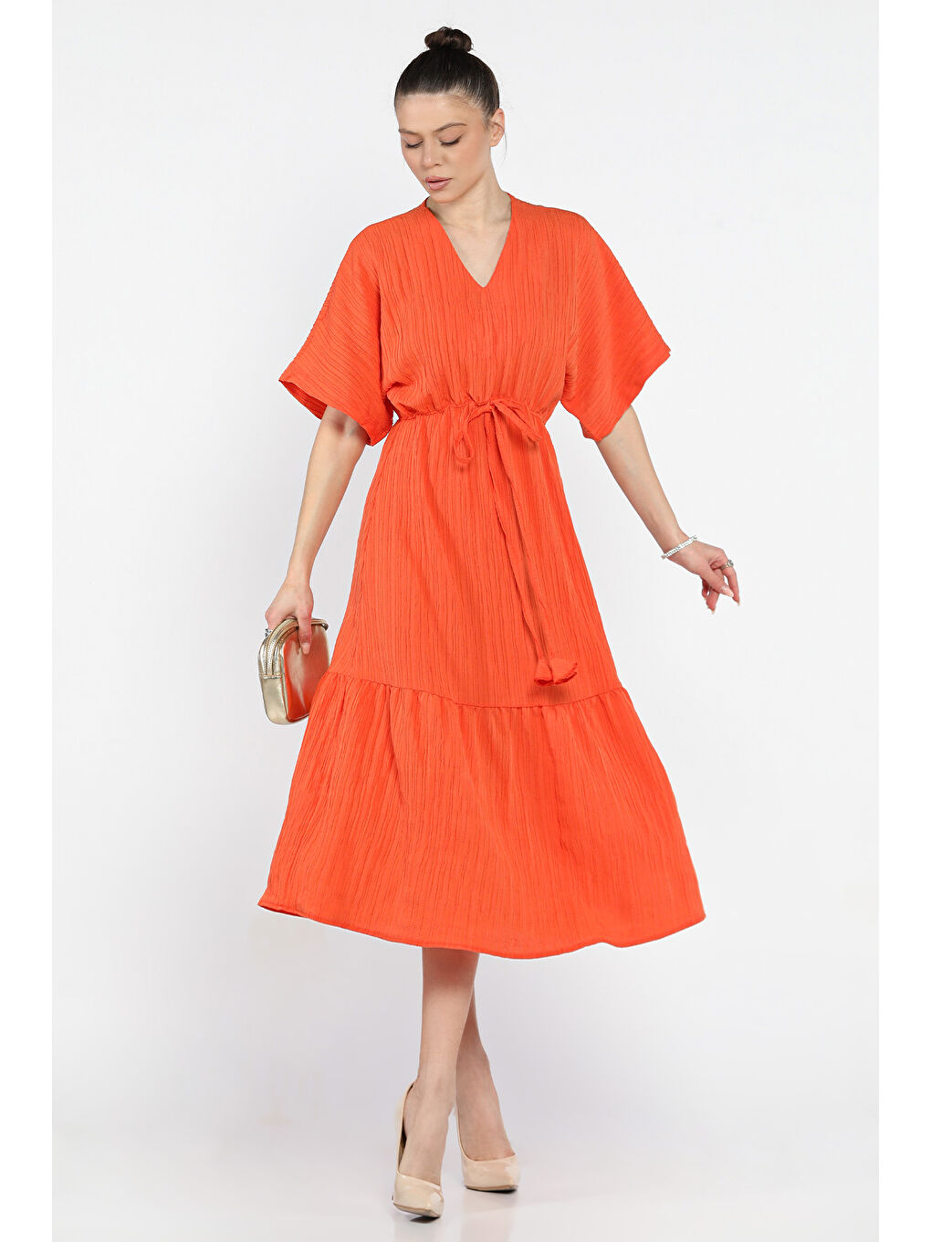 Turuncu Bel Bağlamalı V Yaka Kadın Elbise-1