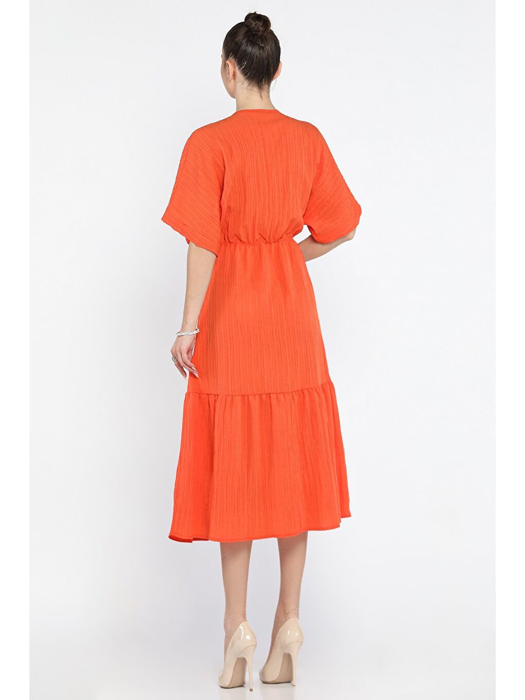 Turuncu Bel Bağlamalı V Yaka Kadın Elbise-2