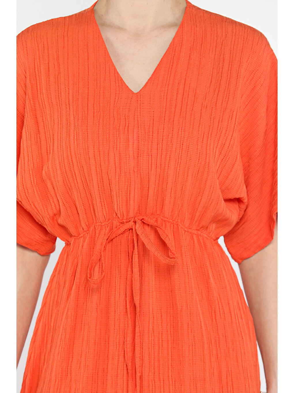 Turuncu Bel Bağlamalı V Yaka Kadın Elbise-3