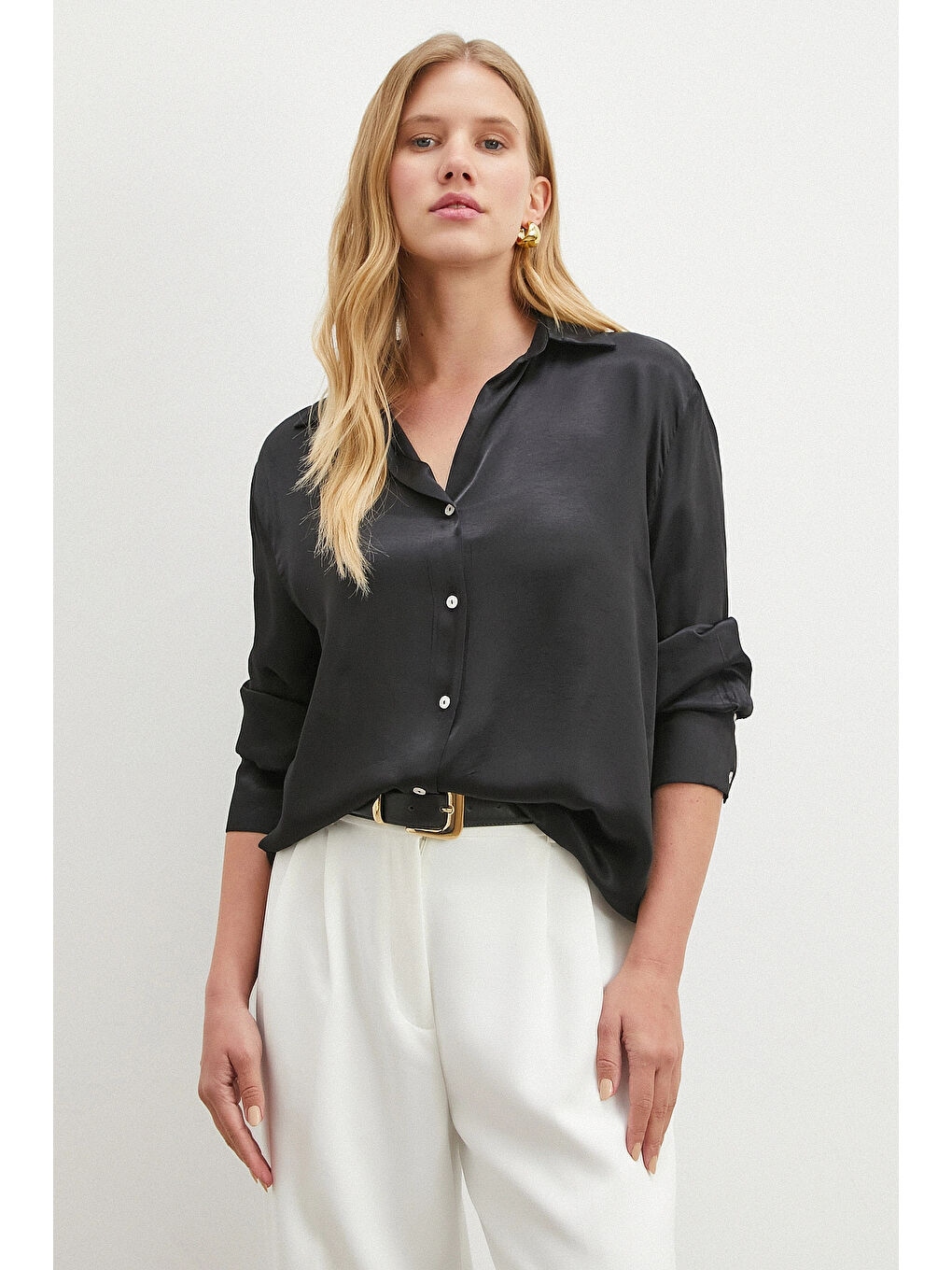 Viskon Saten Gömlek Siyah