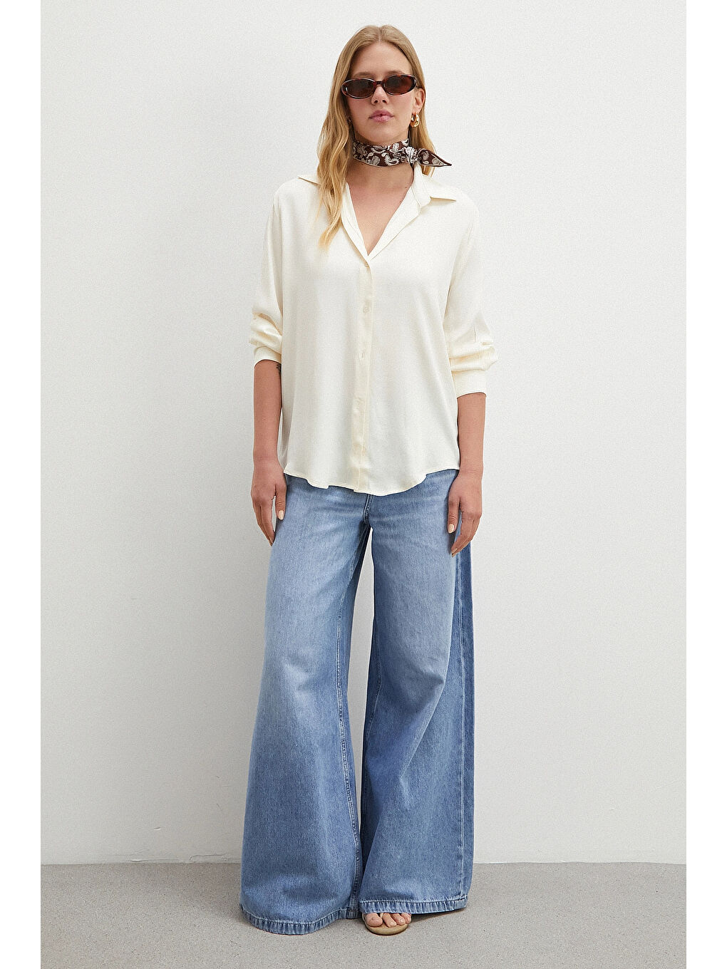 Viskon Saten Gömlek Ekru-1