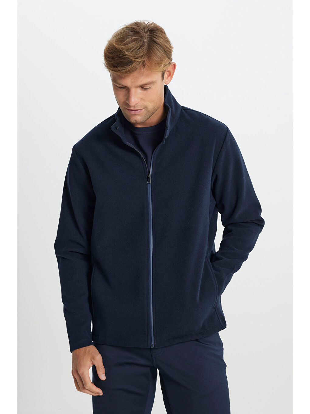 Erkek Antrasit-Melanj Sıcak Tutan Standart Fit Normal Kesim Dik Yaka Cepli Fermuarlı Sweatshirt Pol--2