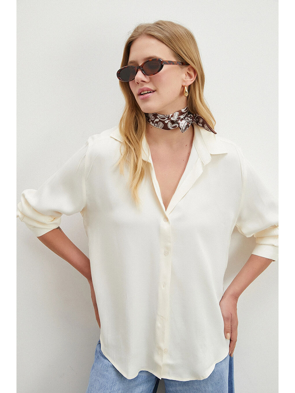 Viskon Saten Gömlek Ekru-2