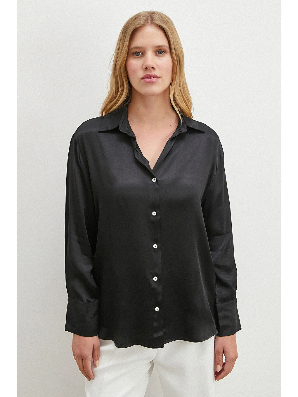 Viskon Saten Gömlek Siyah-1