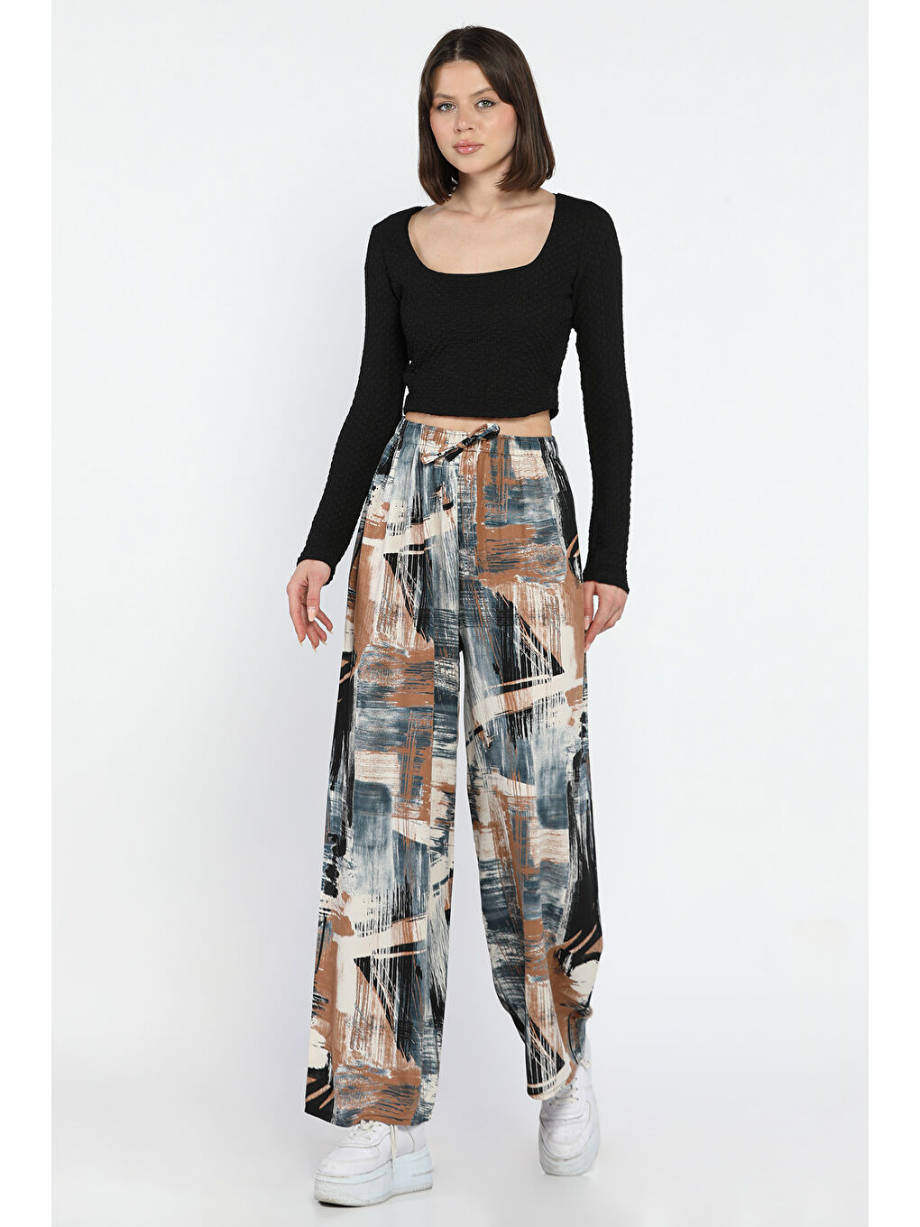 Ekru Kadın Bel Lastikli Desenli Viskon Yürüyüş Pantolonu-1