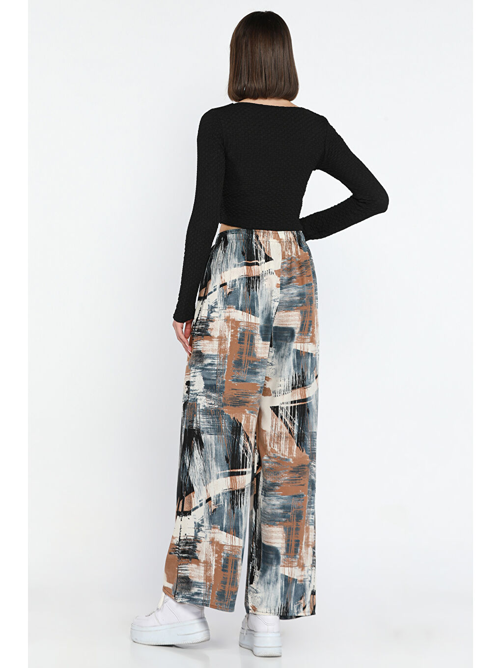 Ekru Kadın Bel Lastikli Desenli Viskon Yürüyüş Pantolonu-2