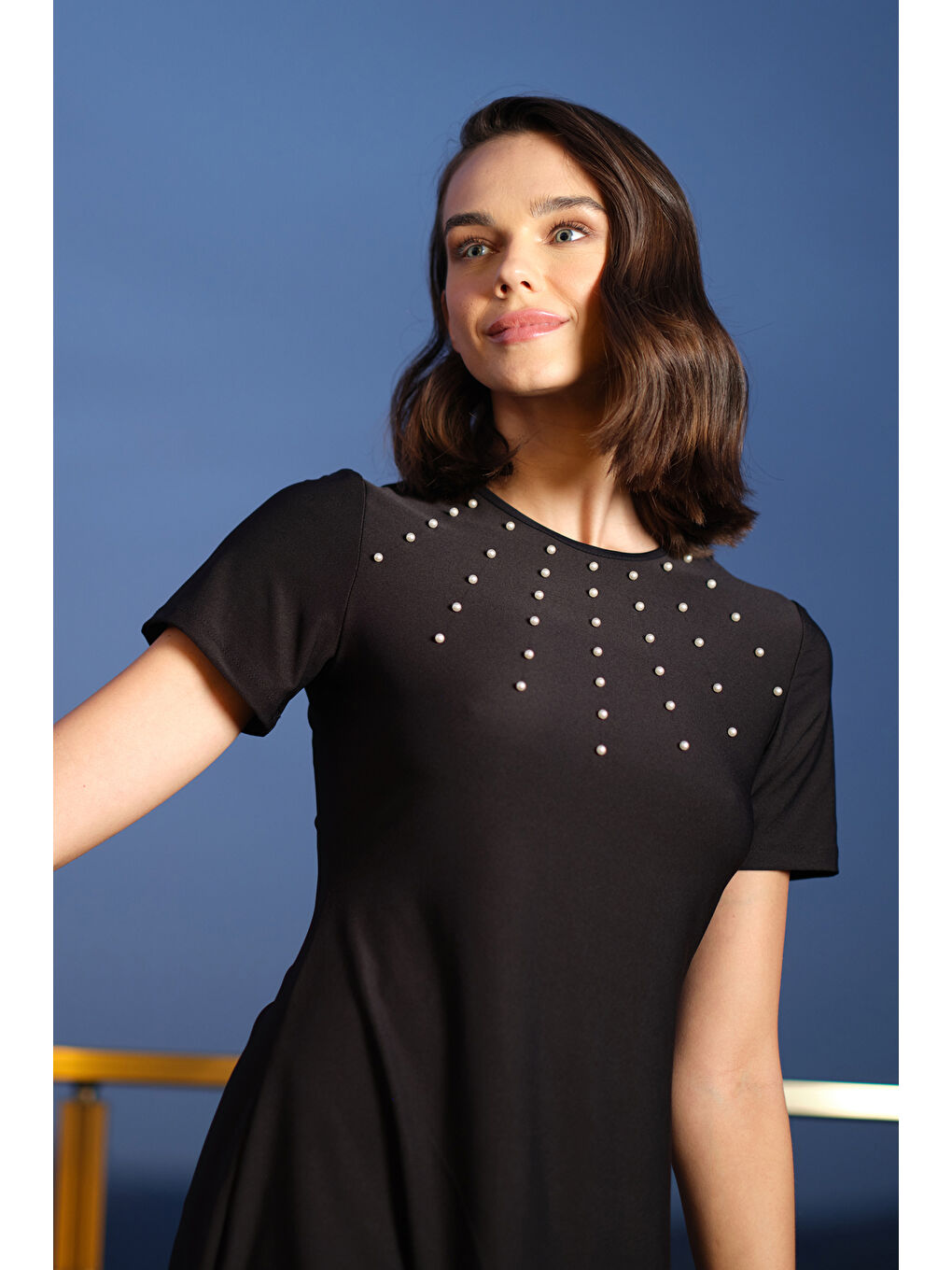 Kısa Kollu Taytlı Elastanlı Boncuk Detay Yarı Kapalı Mayo 24198 Siyah-2