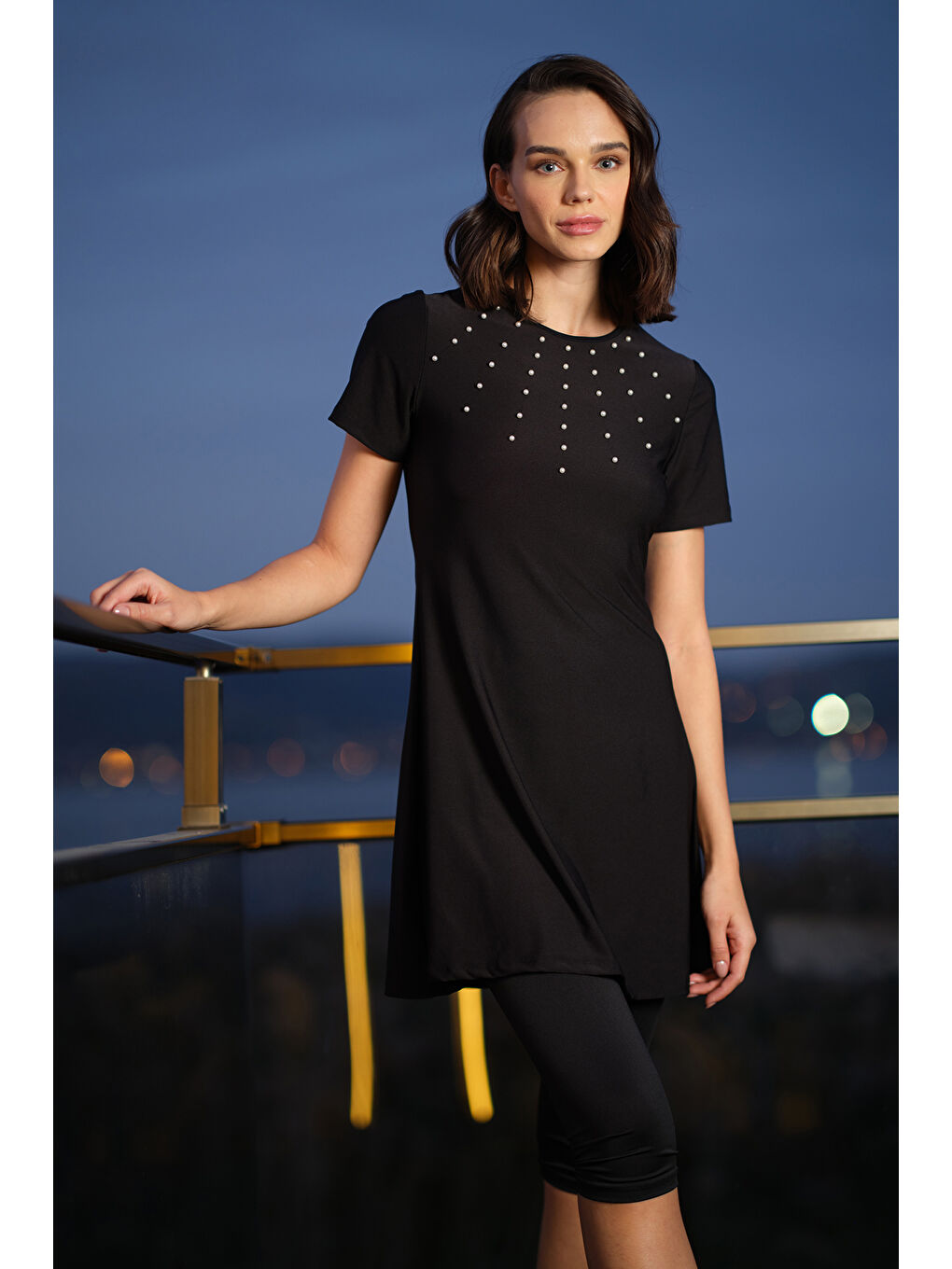 Kısa Kollu Taytlı Elastanlı Boncuk Detay Yarı Kapalı Mayo 24198 Siyah-3