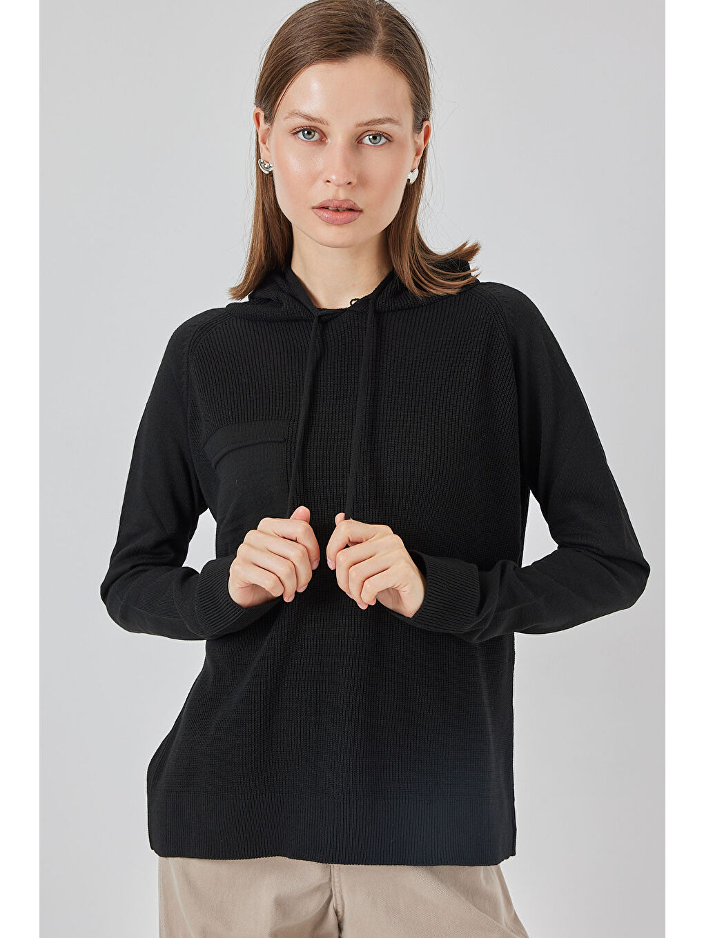 Kadın Kapüşonlu Triko Kazak 15941 - Siyah