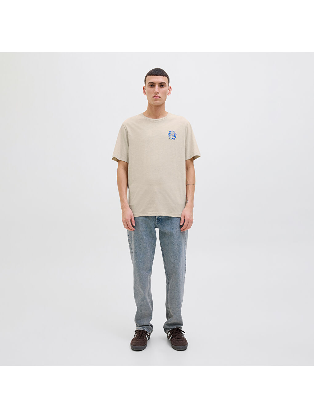 One Color Summer Erkek Bej Yuvarlak Yaka Tişört-1