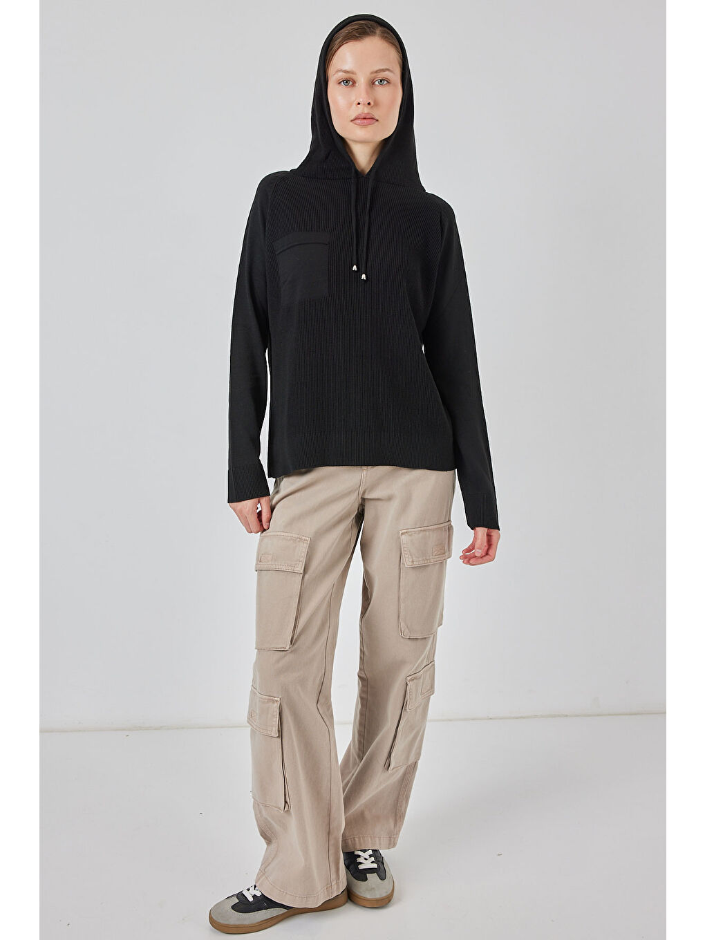 Kadın Kapüşonlu Triko Kazak 15941 - Siyah-1