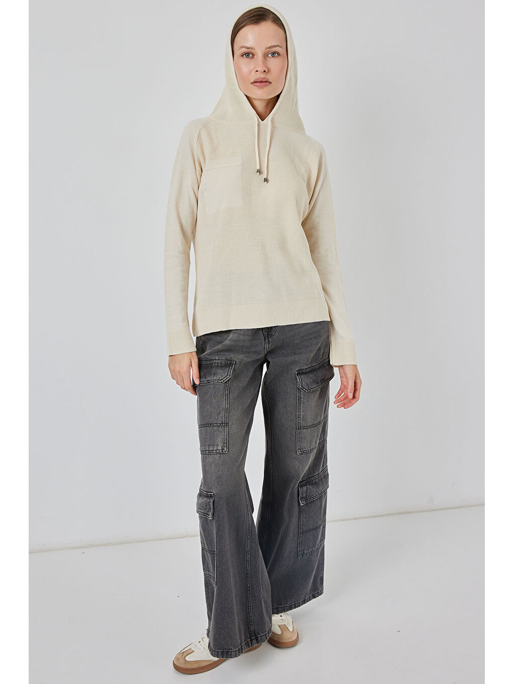 Kadın Kapüşonlu Triko Kazak 15941 - Ekru-1