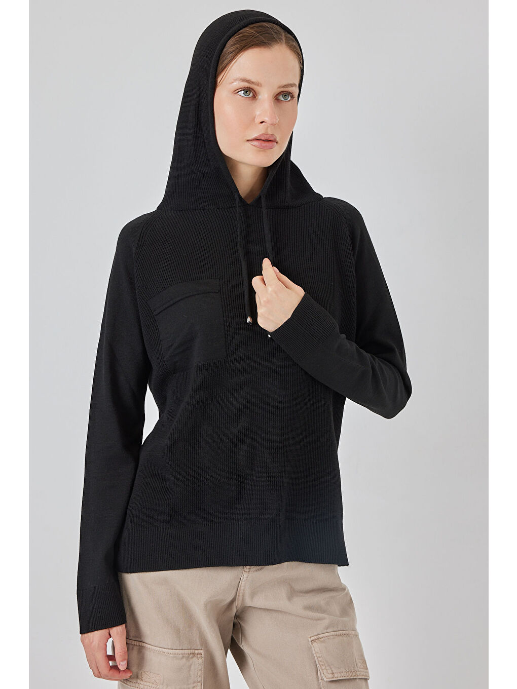 Kadın Kapüşonlu Triko Kazak 15941 - Siyah-2