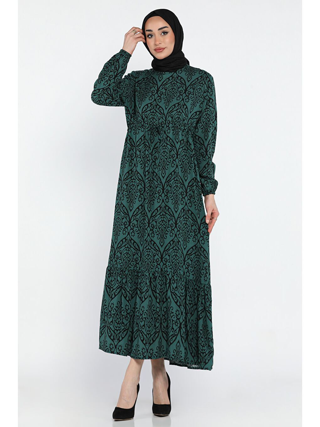 Yeşil Desenli Bel Bağlamalı Tesettür Viskon Elbise