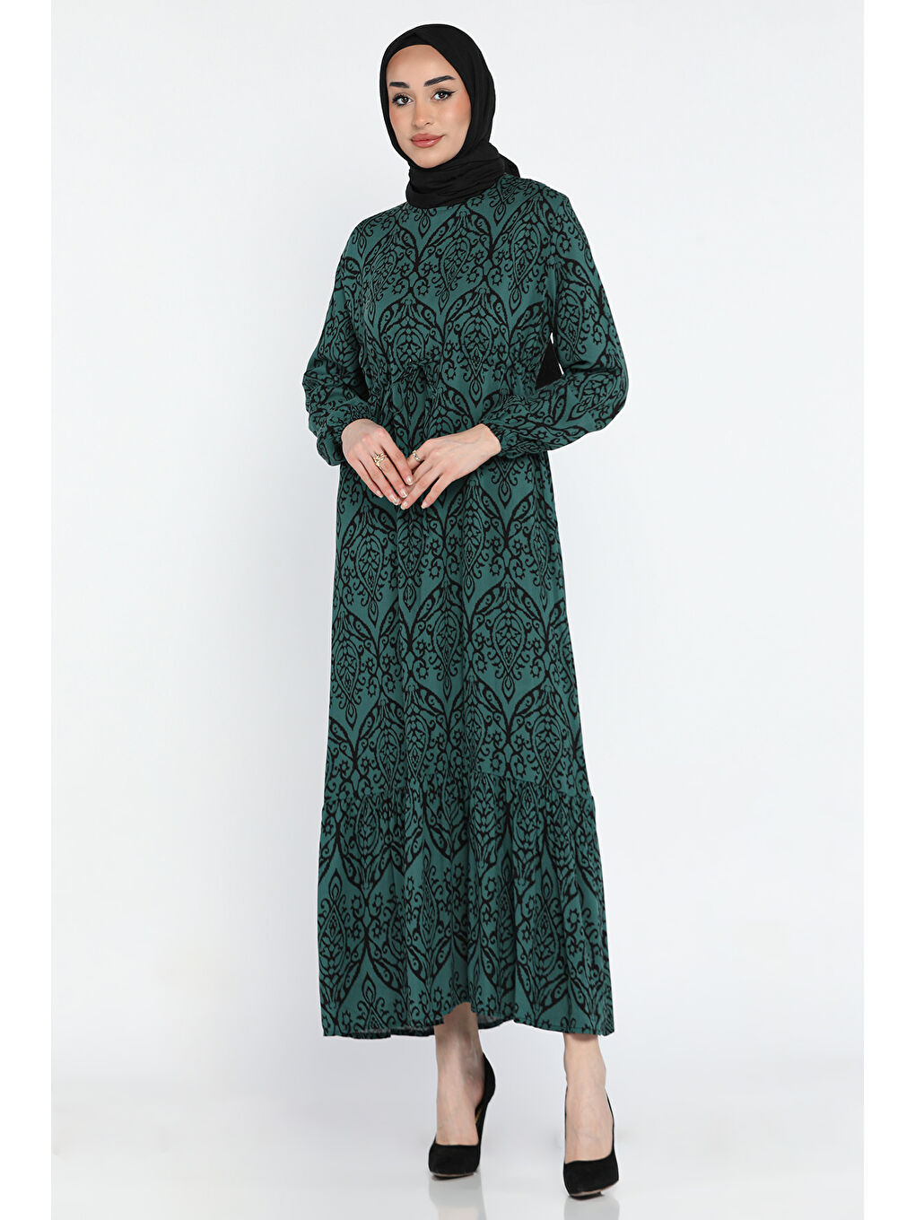 Yeşil Desenli Bel Bağlamalı Tesettür Viskon Elbise-3