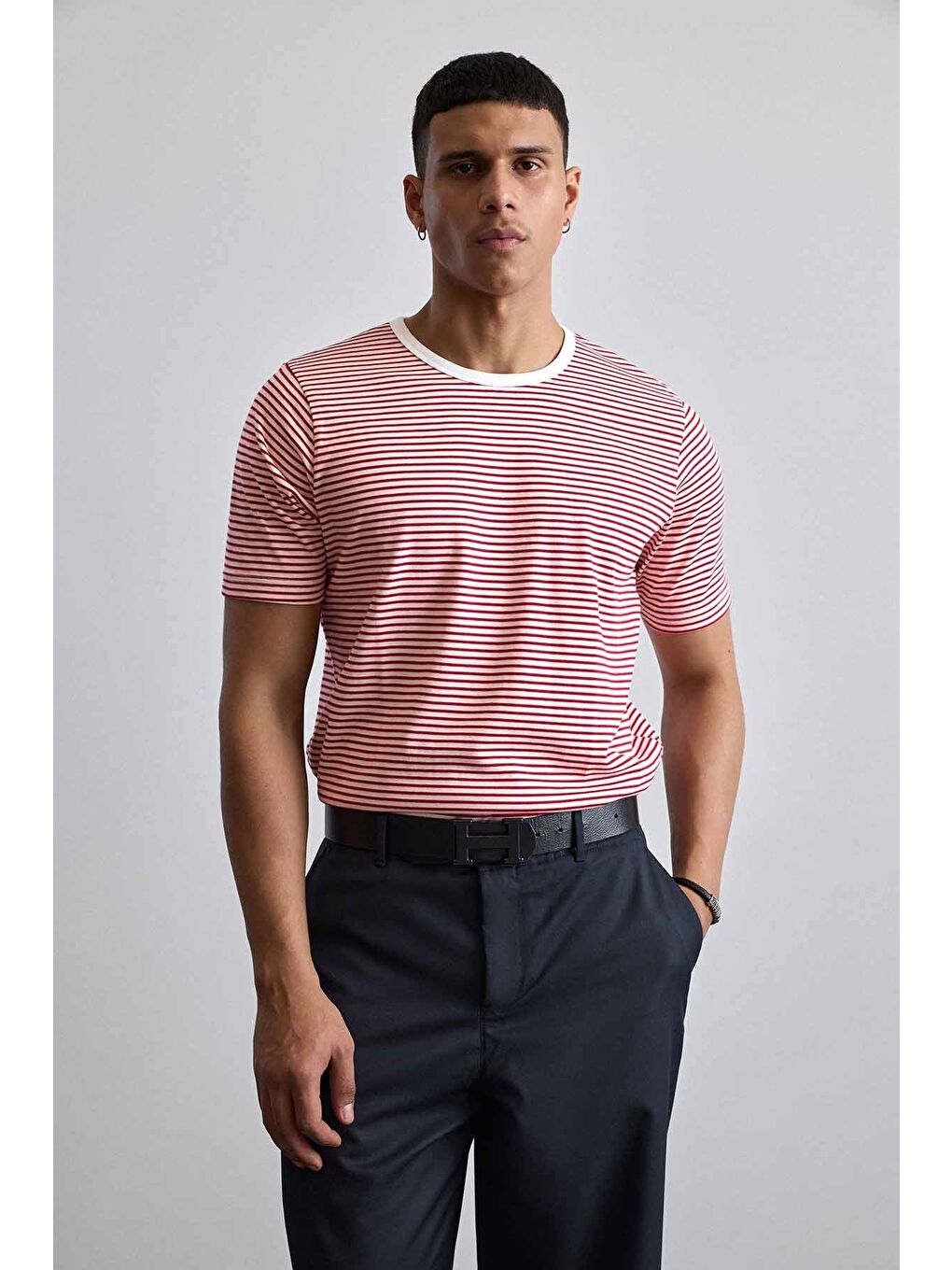Erkek Regular Fit Çizgili Basic T-Shirt Kırmızı-2