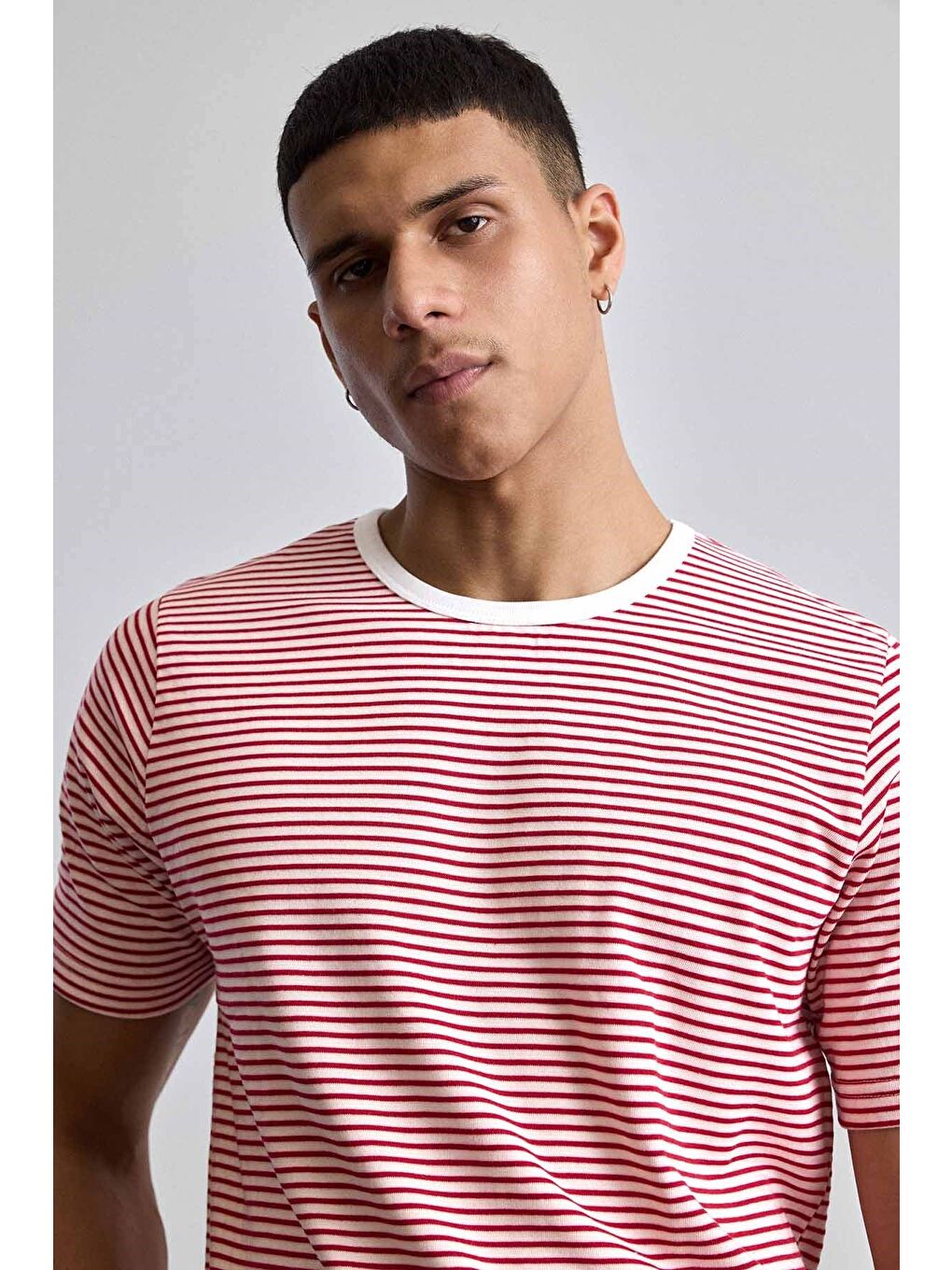 Erkek Regular Fit Çizgili Basic T-Shirt Kırmızı-3