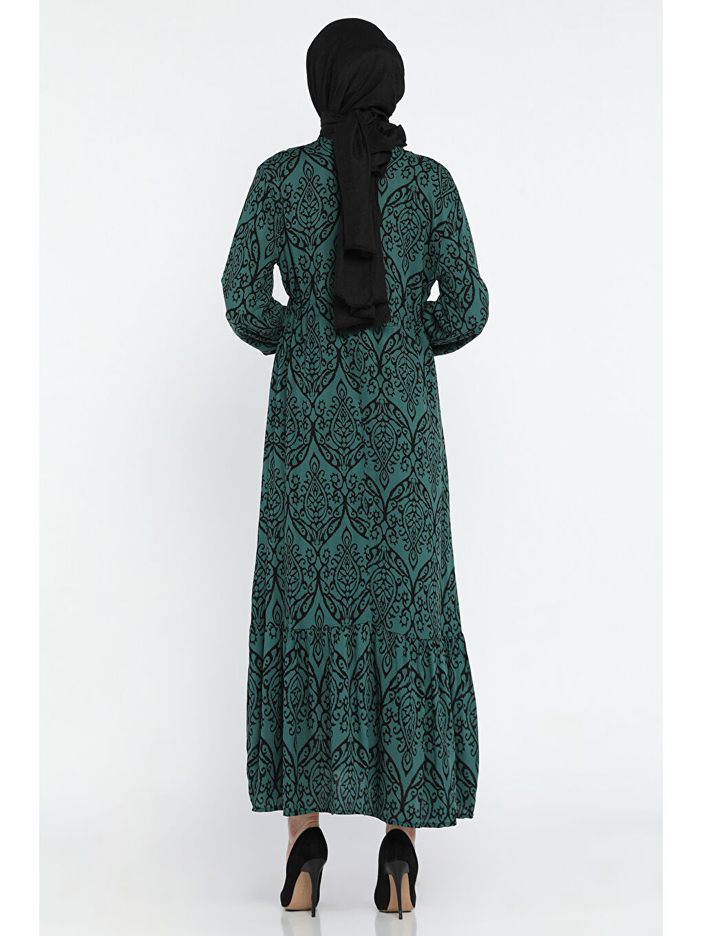 Yeşil Desenli Bel Bağlamalı Tesettür Viskon Elbise-5
