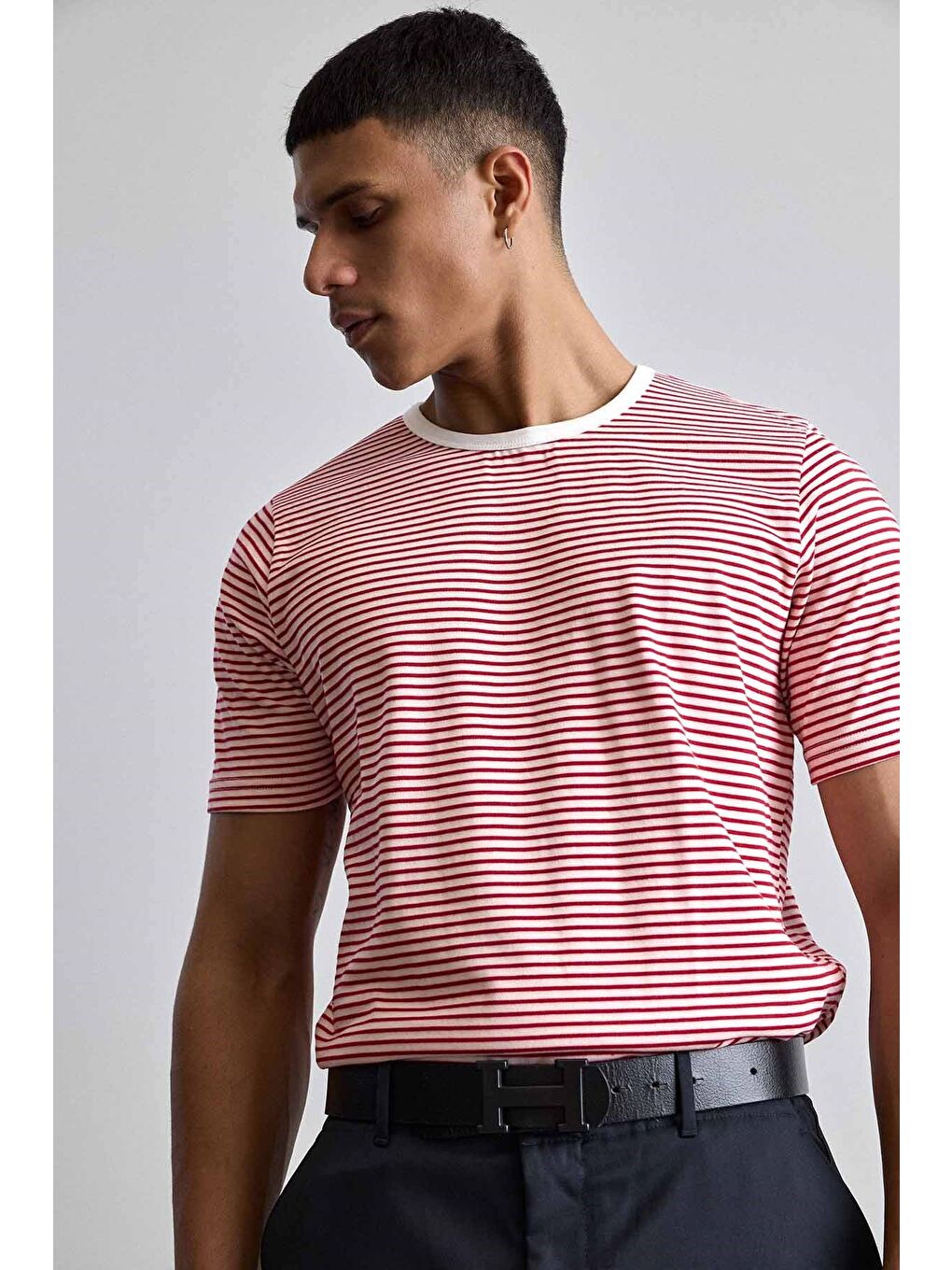 Erkek Regular Fit Çizgili Basic T-Shirt Kırmızı-4