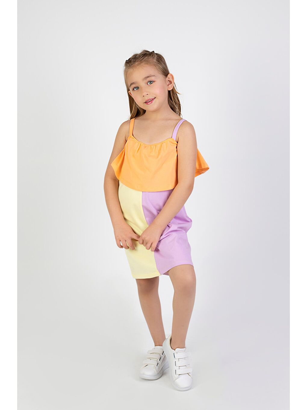Turuncu Kız Çocuk Çok Renkli Diz Üstü Penye Elbise