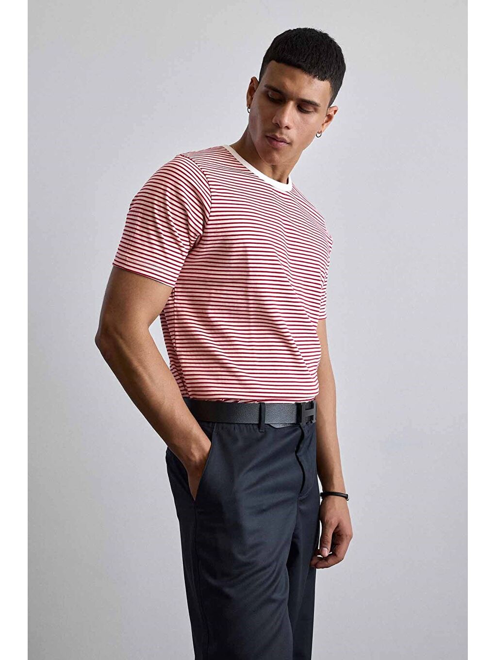 Erkek Regular Fit Çizgili Basic T-Shirt Kırmızı-5