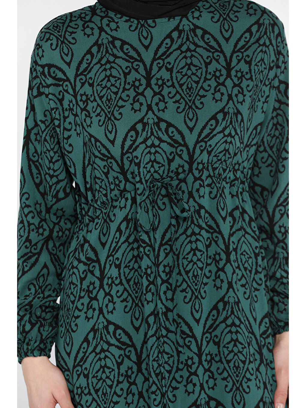 Yeşil Desenli Bel Bağlamalı Tesettür Viskon Elbise-7