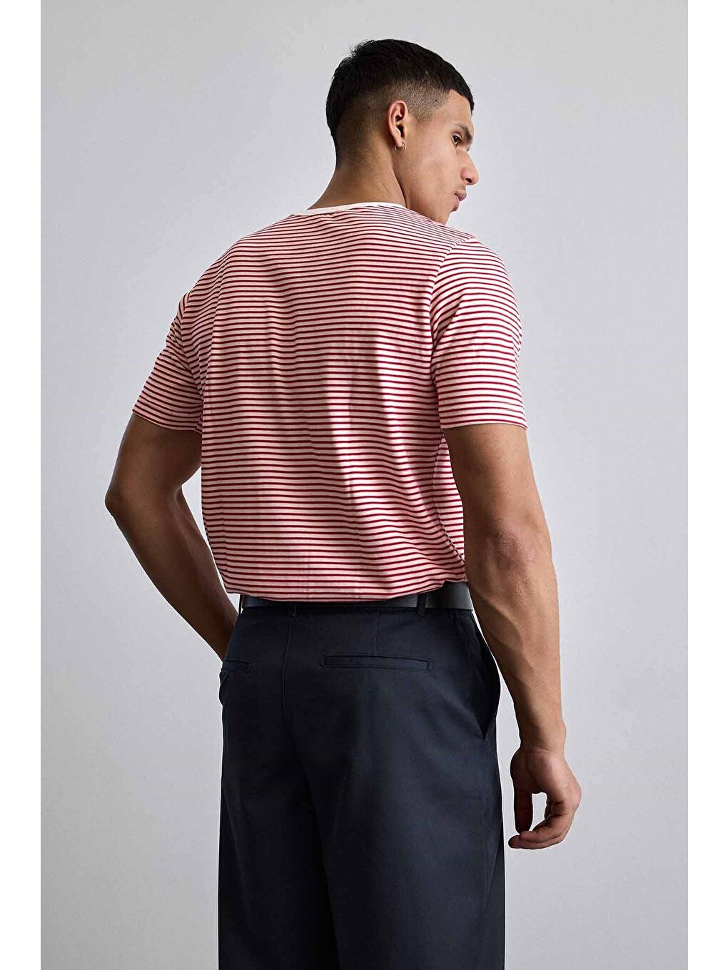 Erkek Regular Fit Çizgili Basic T-Shirt Kırmızı-6