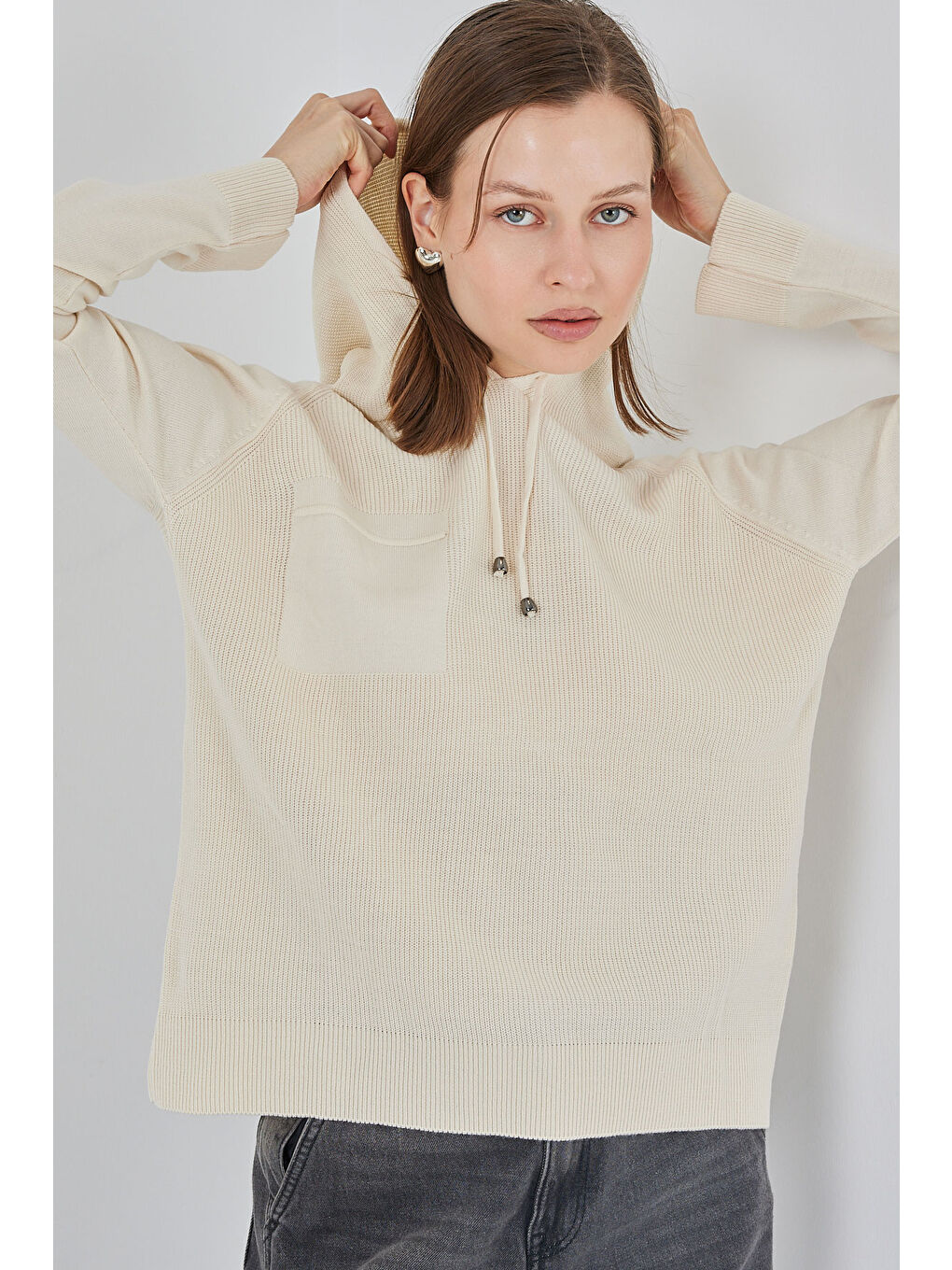 Kadın Kapüşonlu Triko Kazak 15941 - Ekru-2