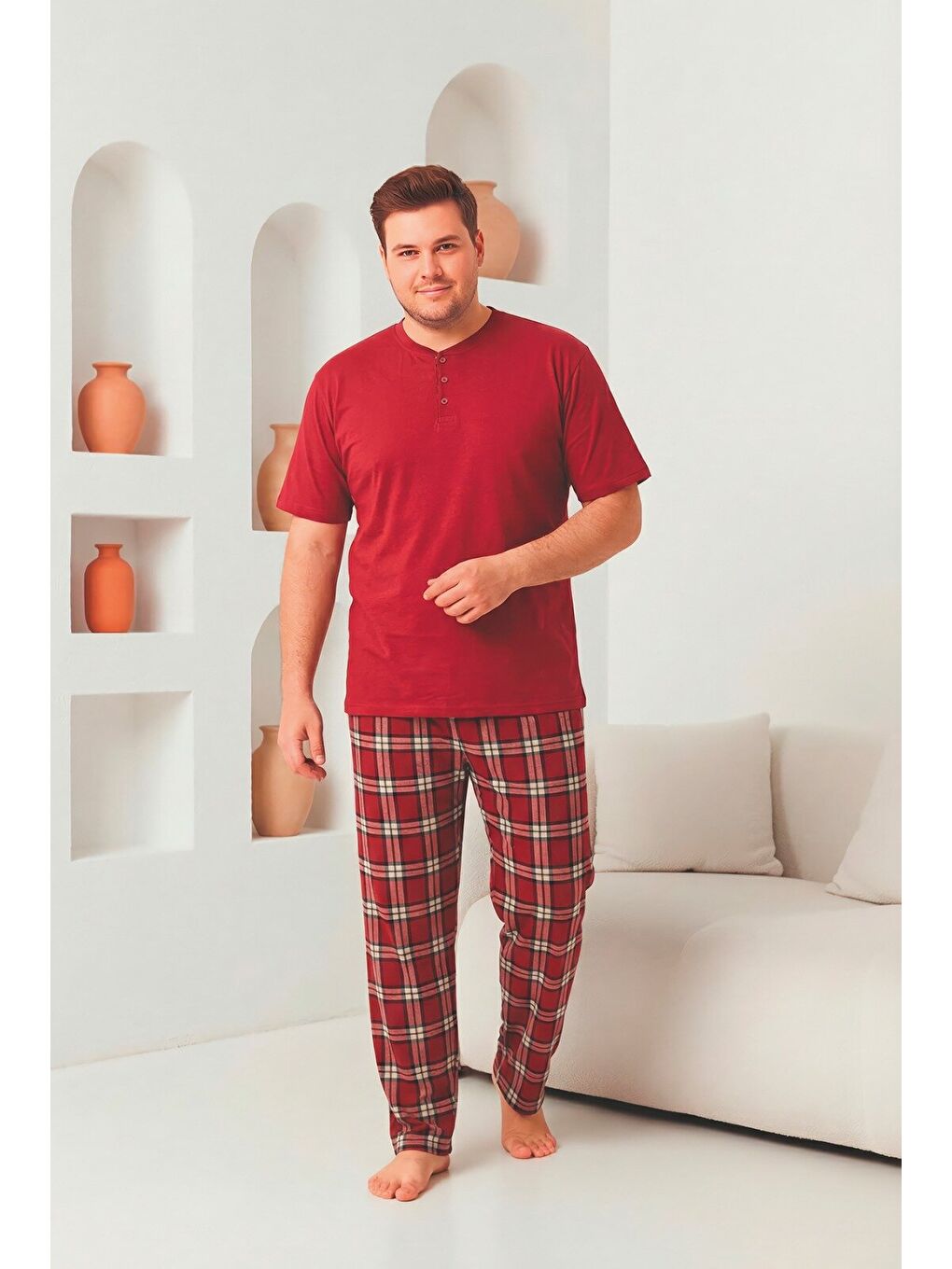 Bordo Erkek %100 Doğal Pamuk Ekoseli Kısa Kollu Düğmeli Yüksek Kaliteli Battal Pijama Takımı-1