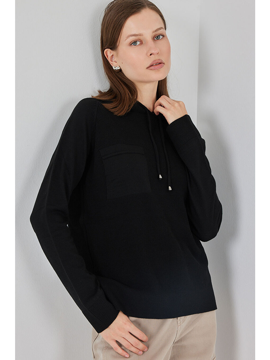 Kadın Kapüşonlu Triko Kazak 15941 - Siyah-3