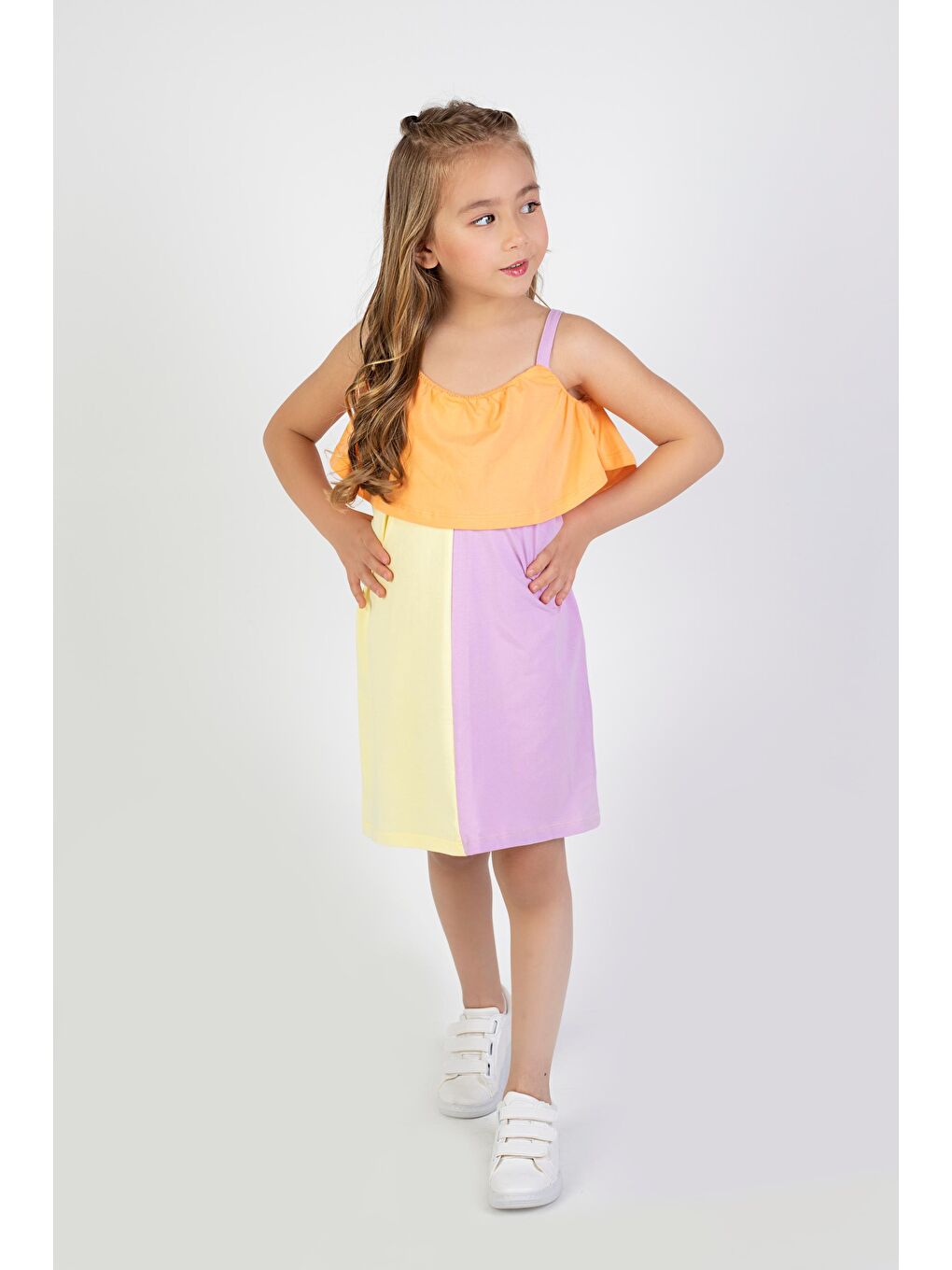 Turuncu Kız Çocuk Çok Renkli Diz Üstü Penye Elbise-1