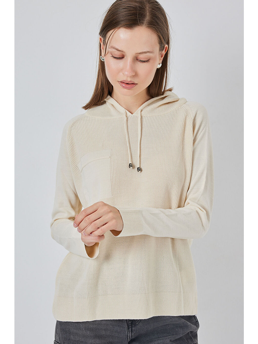 Kadın Kapüşonlu Triko Kazak 15941 - Ekru-3