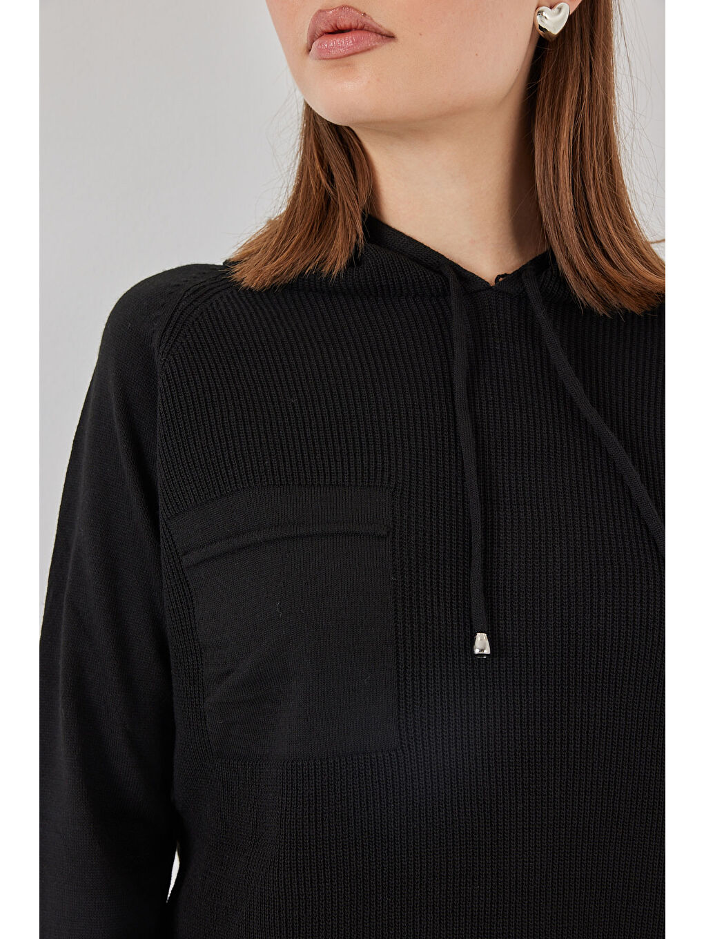 Kadın Kapüşonlu Triko Kazak 15941 - Siyah-4