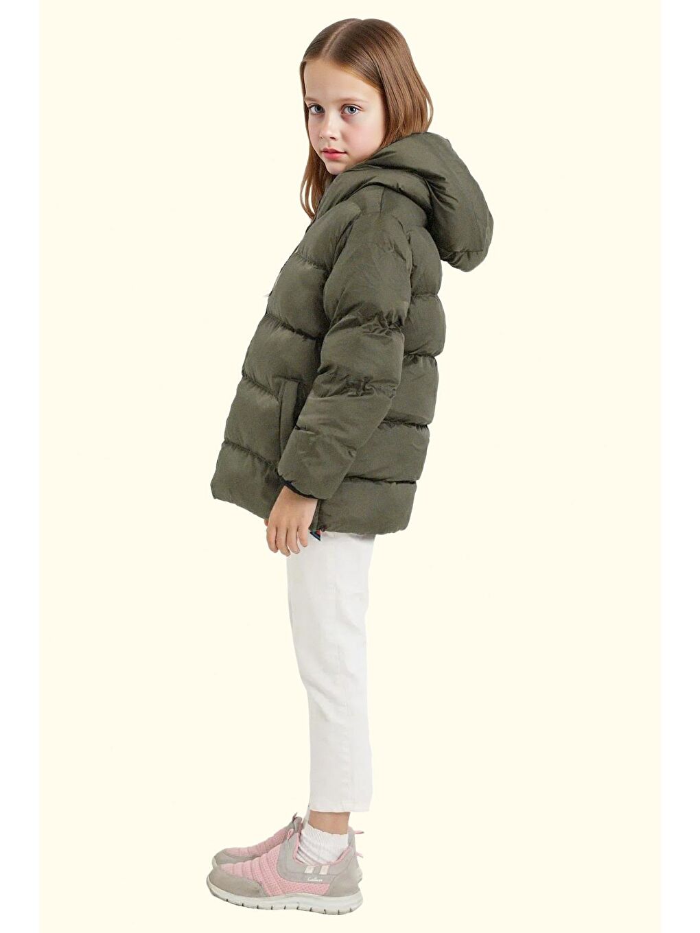 Haki Kız Çocuk Polarlı Kürklü Kapüşonlu Su Geçirmez Rüzgara Dayanıklı Şişme Kışlık Mont
