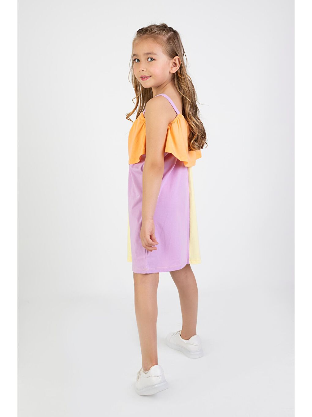 Turuncu Kız Çocuk Çok Renkli Diz Üstü Penye Elbise-2