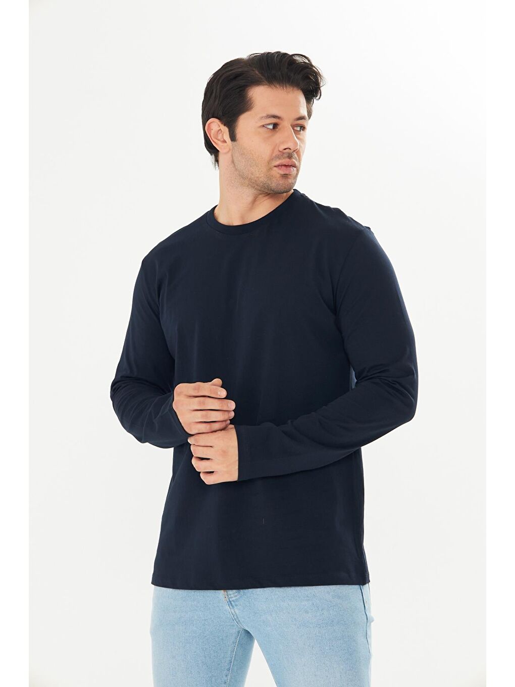 Büyük Beden Erkek Pamuklu Bisiklet Yaka Uzun Kollu Tişört Lacivert 5020B-L-2
