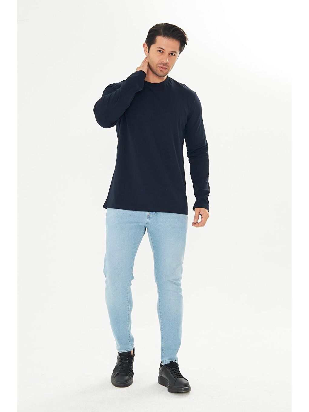 Büyük Beden Erkek Pamuklu Bisiklet Yaka Uzun Kollu Tişört Lacivert 5020B-L-3