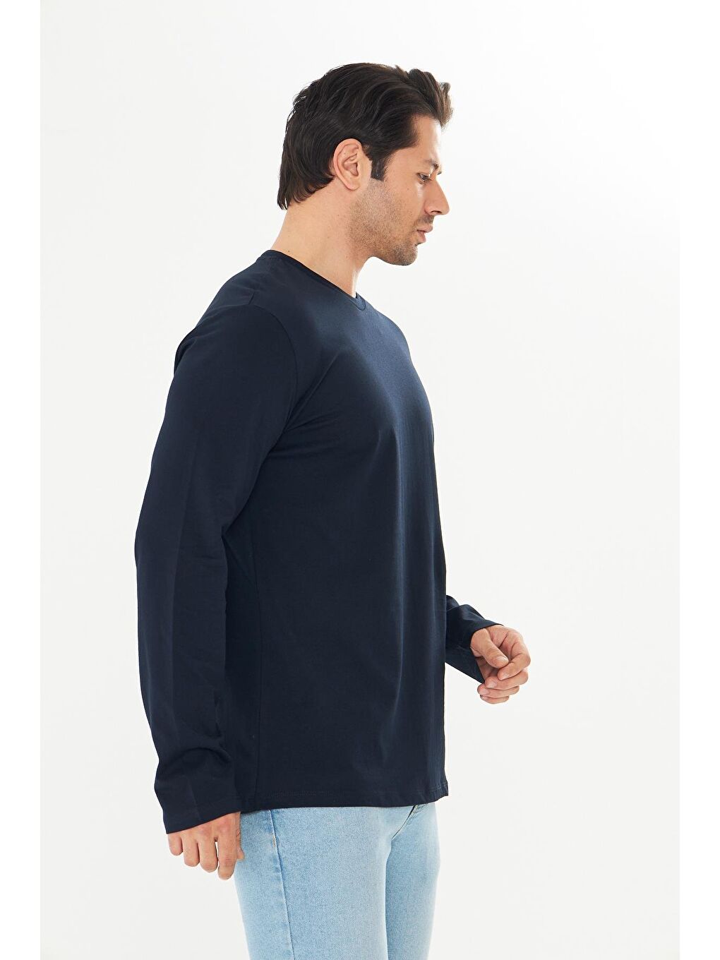 Büyük Beden Erkek Pamuklu Bisiklet Yaka Uzun Kollu Tişört Lacivert 5020B-L-4