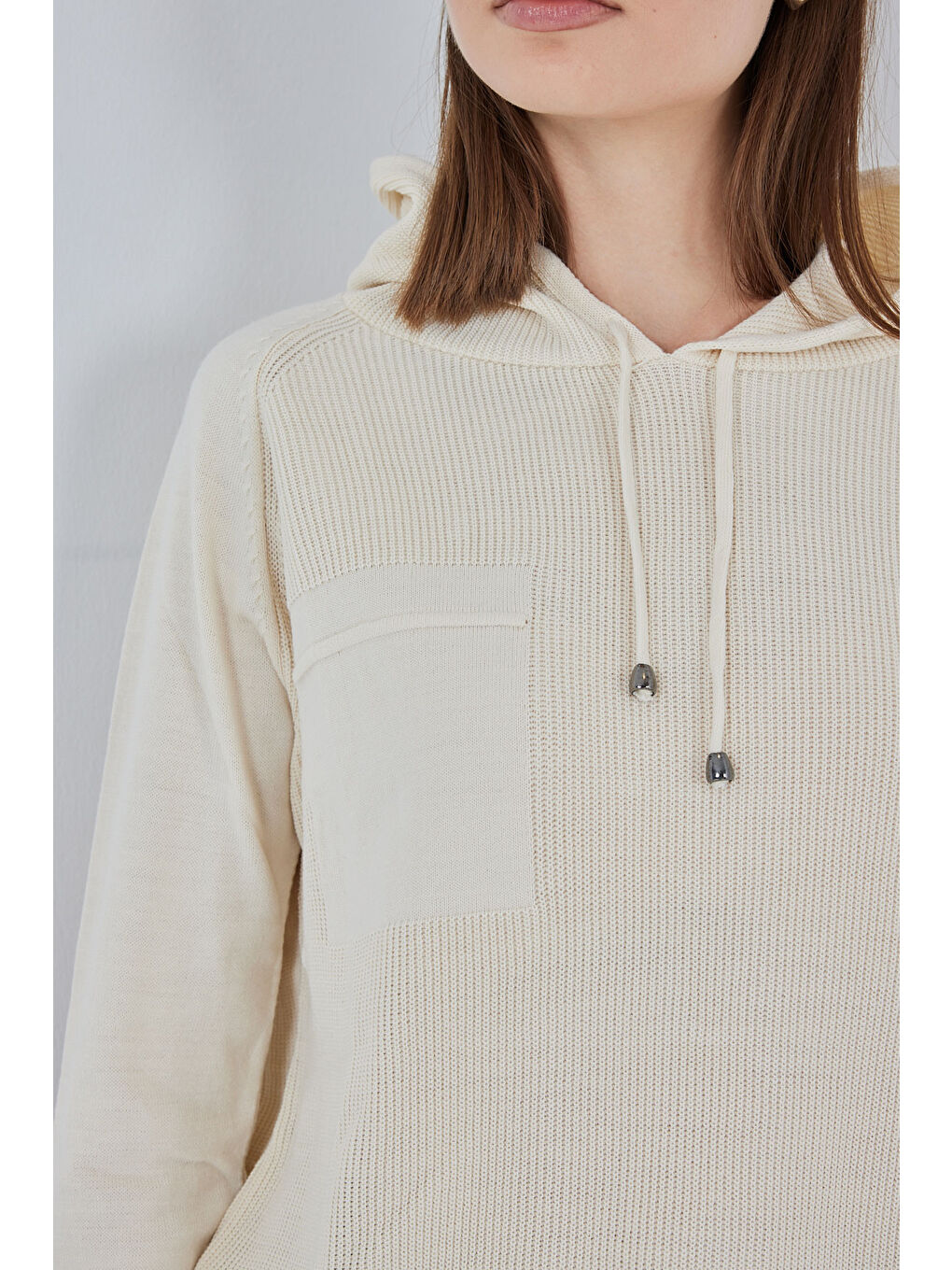 Kadın Kapüşonlu Triko Kazak 15941 - Ekru-4