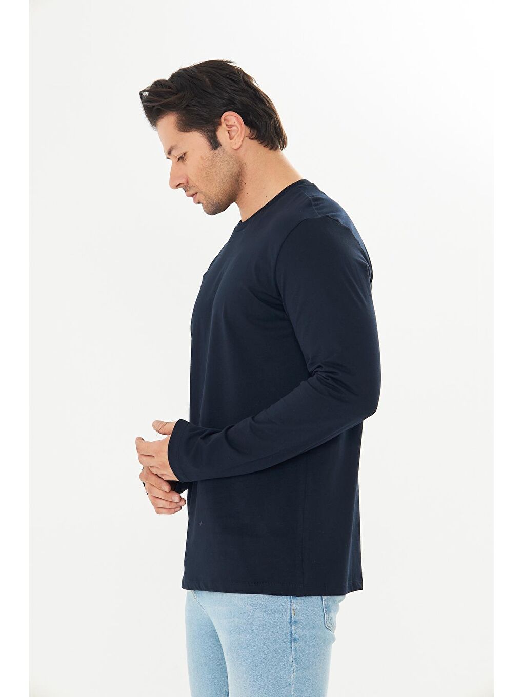 Büyük Beden Erkek Pamuklu Bisiklet Yaka Uzun Kollu Tişört Lacivert 5020B-L-5