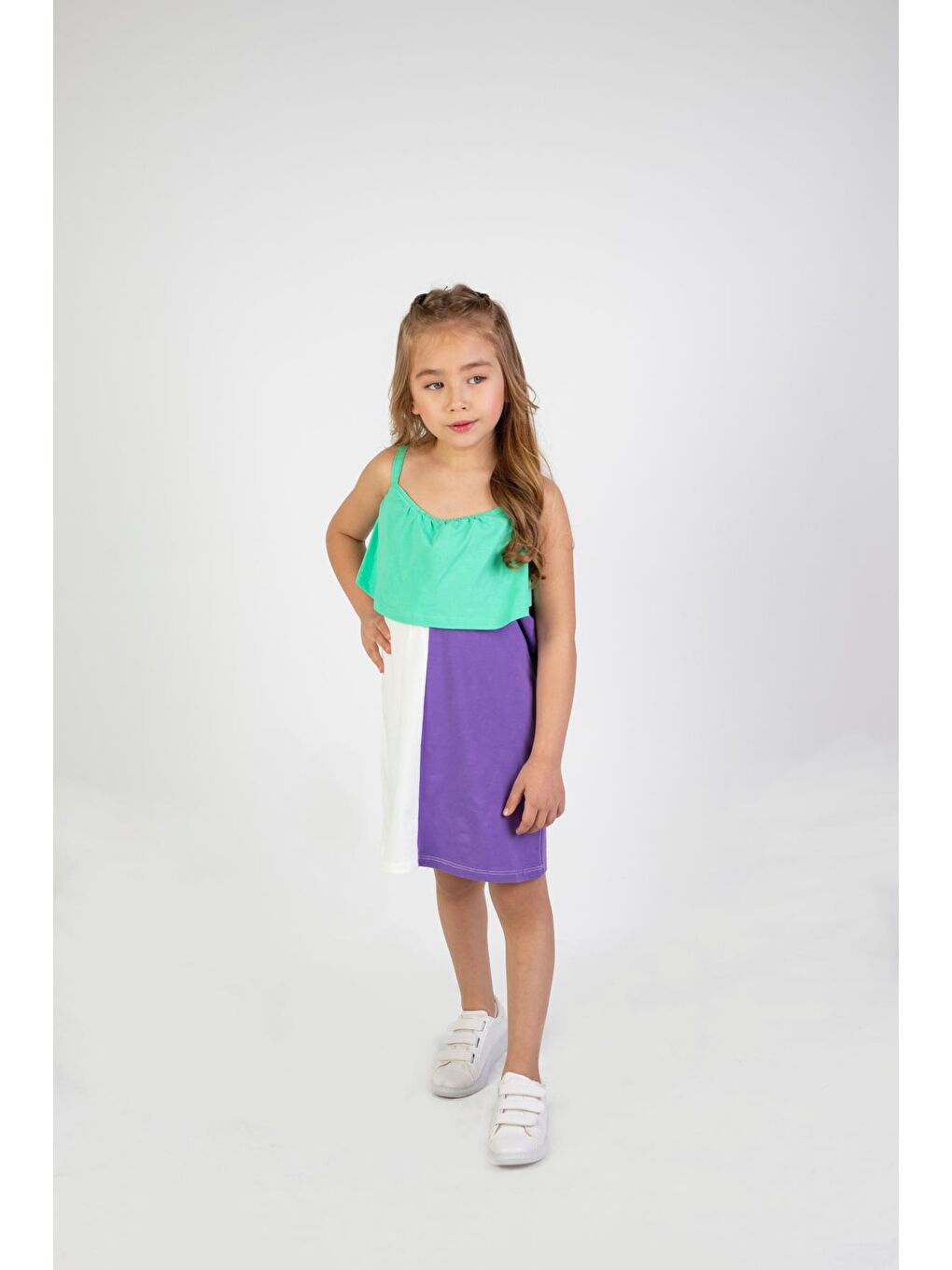 Yeşil Kız Çocuk Çok Renkli Diz Üstü Penye Elbise