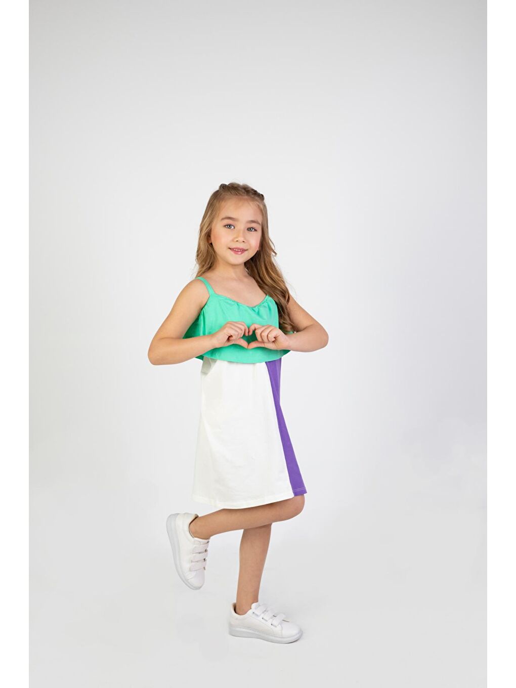 Yeşil Kız Çocuk Çok Renkli Diz Üstü Penye Elbise-1